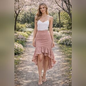NWT Bebe Dusty Rose Lace High-Low Ruffle Skirt – Size Medium Festive Feminine